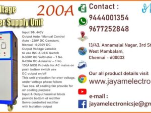 Contact or WhatsApp: 9444001354; 9677252848 Submit: Name:___________________________ Contact No.: _______________________ Your Requirements List: _____________ _________________________________ Or – Send e-mail: jayamelectronicsje@gmail.com We manufacturer the DC Rectifier Unit DC Rectifier Unit 200A Input 3Φ, 440V Output Auto / Manual Control Auto - 220V DC Constant, Manual - 0-230V DC Output Voltage variable to use INC & DEC Switch 0-300V DC Voltmeter – 1 No. 0-200A DC Ammeter – 1 No. 150A MCB Provide for AC mains on push button switch use DC output on/off This unit protection for over voltage, under voltage phase failure Two nos. of cooling fan provide for air cooling purpose Input & Output terminal block provide bottom of rectifier Servo controlled rectifier with Isolation output You can buy DC Rectifier Unit from us. We sell DC Rectifier Unit. DC Rectifier Unit is available with us. We have the DC Rectifier Unit. The DC Rectifier Unit we have. Call us to find out the price of a DC Rectifier Unit. Send us an e-mail to know the price of the DC Rectifier Unit. Ask us the price of a DC Rectifier Unit. We know the price of a DC Rectifier Unit. We have the price list of the DC Rectifier Unit.  We inform you the price list of DC Rectifier Unit. We send you the price list of DC Rectifier Unit, JAYAM Electronics produces DC Rectifier Unit. JAYAM Electronics prepares DC Rectifier Unit. JAYAM Electronics manufactures DC Rectifier Unit.  JAYAM Electronics offers DC Rectifier Unit.  JAYAM Electronics designs DC Rectifier Unit.  JAYAM Electronics is a DC Rectifier Unit company. JAYAM Electronics is a leading manufacturer of DC Rectifier Unit.  JAYAM Electronics produces the highest quality DC Rectifier Unit.  JAYAM Electronics sells DC Rectifier Unit at very low prices.  We have the DC Rectifier Unit.  You can buy DC Rectifier Unit from us Come to us to buy DC Rectifier Unit; Ask us to buy DC Rectifier Unit,  We are ready to offer you DC Rectifier Unit, DC Rectifier Unit is for sale in our sales center, The explanation is given in detail on our website. Or you can contact our mobile number to know the explanation, you can send your information to our e-mail address for clarification. The process description video for these has been uploaded on our YouTube channel. Videos of this are also given on our website. The DC Rectifier Unit is available at JAYAM Electronics, Chennai. DC Rectifier Unit is available at JAYAM Electronics in Chennai., Contact JAYAM Electronics in Chennai to purchase DC Rectifier Unit, JAYAM Electronics has a DC Rectifier Unit for sale in the city nearest to you., You can get the Auto, DC Rectifier Unit at JAYAM Electronics in the nearest town, Go to your nearest city and get a DC Rectifier Unit at JAYAM Electronics, JAYAM Electronics produces DC Rectifier Unit, The DC Rectifier Unit product is manufactured by JAYAM electronics, DC Rectifier Unit is manufactured by JAYAM Electronics in Chennai, DC Rectifier Unit is manufactured by JAYAM Electronics in Tamil Nadu, DC Rectifier Unit is manufactured by JAYAM Electronics in India, The name of the company that produces the DC Rectifier Unit is JAYAM Electronics, DC Rectifier Unit s produced by JAYAM Electronics, The DC Rectifier Unit is manufactured by JAYAM Electronics, DC Rectifier Unit is manufactured by JAYAM Electronics, JAYAM Electronics is producing DC Rectifier Unit, JAYAM Electronics has been producing and keeping DC Rectifier Unit, The DC Rectifier Unit is to be produced by JAYAM Electronics, DC Rectifier Unit is being produced by JAYAM Electronics, The DC Rectifier Unit is manufactured by JAYAM Electronics in good quality, JAYAM Electronics produces the highest quality DC Rectifier Unit, The highest quality DC Rectifier Unit is available at JAYAM Electronics, The highest quality DC Rectifier Unit can be purchased at JAYAM Electronics, Quality DC Rectifier Unit is for sale at JAYAM Electronics, You can get the device by sending information to that company from the send inquiry page on the website of JAYAM Electronics to buy the DC Rectifier Unit, You can buy the DC Rectifier Unit by sending a letter to JAYAM Electronics at jayamelectronicsje@gmail.com  Contact JAYAM Electronics at 9444001354 - 9677252848 to purchase a DC Rectifier Unit, JAYAM Electronics sells DC Rectifier Unit, The DC Rectifier Unit is sold by JAYAM Electronics; The DC Rectifier Unit is sold at JAYAM Electronics; An explanation of how to use a DC Rectifier Unit  is given on the website of JAYAM Electronics; An explanation of how to use a DC Rectifier Unit is given on JAYAM Electronics' YouTube channel; For an explanation of how to use a DC Rectifier Unit, call JAYAM Electronics at 9444001354.; An explanation of how the DC Rectifier Unit works is given on the JAYAM Electronics website.; An explanation of how the DC Rectifier Unit works is given in a video on the JAYAM Electronics YouTube channel.; Contact JAYAM Electronics at 9444001354 for an explanation of how the DC Rectifier Unit  works.; Search Google for JAYAM Electronics to buy DC Rectifier Unit; Search the JAYAM Electronics website to buy DC Rectifier Unit; Send e-mail through JAYAM Electronics website to buy DC Rectifier Unit; Order JAYAM Electronics to buy DC Rectifier Unit; Send an e-mail to JAYAM Electronics to buy DC Rectifier Unit; Contact JAYAM Electronics to purchase DC Rectifier Unit; Contact JAYAM Electronics to buy DC Rectifier Unit. The DC Rectifier Unit can be purchased at JAYAM Electronics.; The DC Rectifier Unit is available at JAYAM Electronics. The name of the company that produces the DC Rectifier Unit is JAYAM Electronics, based in Chennai, Tamil Nadu.; JAYAM Electronics in Chennai, Tamil Nadu manufactures DC Rectifier Unit. DC Rectifier Unit Company is based in Chennai, Tamil Nadu.; DC Rectifier Unit Production Company operates in Chennai.; DC Rectifier Unit Production Company is operating in Tamil Nadu.; DC Rectifier Unit Production Company is based in Chennai.; DC Rectifier Unit Production Company is established in Chennai. Address of the company producing the DC Rectifier Unit; JAYAM Electronics, 13/43, Annamalai Nagar, 3rd Street, West Mambalam, Chennai – 600033 Google Map link to the company that produces the DC Rectifier Unit https://goo.gl/maps/4pLXp2ub9dgfwMK37 Use me on 9444001354 to contact the DC Rectifier Unit Production Company. https://www.jayamelectronics.in/contact Send information mail to: jayamelectronicsje@gmail.com to contact DC Rectifier Unit Production Company. The description of the DC Rectifier Unit is available at JAYAM Electronics. Contact JAYAM Electronics to find out more about DC Rectifier Unit. Contact JAYAM Electronics for an explanation of the DC Rectifier Unit. JAYAM Electronics gives you full details about the DC Rectifier Unit. JAYAM Electronics will tell you the full details about the DC Rectifier Unit. DC Rectifier Unit embrace details are also provided by JAYAM Electronics. JAYAM Electronics also lectures on the DC Rectifier Unit. JAYAM Electronics provides full information about the DC Rectifier Unit. Contact JAYAM Electronics for details on DC Rectifier Unit. Contact JAYAM Electronics for an explanation of the DC Rectifier Unit. DC Rectifier Unit is owned by JAYAM Electronics. The DC Rectifier Unit is manufactured by JAYAM Electronics. The DC Rectifier Unit belongs to JAYAM Electronics. Designed by DC Rectifier Unit JAYAM Electronics. The company that made the DC Rectifier Unit is JAYAM Electronics. The name of the company that produced the DC Rectifier Unit is JAYAM Electronics. DC Rectifier Unit is produced by JAYAM Electronics. The DC Rectifier Unit company is JAYAM Electronics. Details of what the DC Rectifier Unit is used for are given on the website of JAYAM Electronics. Details of where the DC Rectifier Unit is used are given on the website of JAYAM Electronics.; DC Rectifier Unit is available her; You can buy DC Rectifier Unit from us; You can get the DC Rectifier Unit from us; We present to you the DC Rectifier Unit; We supply DC Rectifier Unit; We are selling DC Rectifier Unit. Come to us to buy DC Rectifier Unit; Ask us to buy a DC Rectifier Unit Contact us to buy DC Rectifier Unit; Come to us to buy DC Rectifier Unit we offer you.; Yes we sell DC Rectifier Unit; Yes DC Rectifier Unit is for sale with us.; We sell DC Rectifier Unit; We have DC Rectifier Unit for sale.; We are selling DC Rectifier Unit; Selling DC Rectifier Unit is our business.; Our business is selling DC Rectifier Unit. Giving DC Rectifier Unit is our profession. We also have DC Rectifier Unit for sale. We also have off model DC Rectifier Unit for sale. We have DC Rectifier Unit for sale in a variety of models. In many leaflets we make and sell DC Rectifier Unit This is where we sell DC Rectifier Unit We sell DC Rectifier Unit in all cities. We sell our product DC Rectifier Unit in all cities. We produce and supply the DC Rectifier Unit required for all companies. Our company sells DC Rectifier Unit DC Rectifier Unit is sold in our company JAYAM Electronics sells DC Rectifier Unit The DC Rectifier Unit is sold by JAYAM Electronics. JAYAM Electronics is a company that sells DC Rectifier Unit. JAYAM Electronics only sells DC Rectifier Unit. We know the description of the DC Rectifier Unit. We know the frustration about the DC Rectifier Unit. Our company knows the description of the DC Rectifier Unit We report descriptions of the DC Rectifier Unit. We are ready to give you a description of the DC Rectifier Unit. Contact us to get an explanation about the DC Rectifier Unit. If you ask us, we will give you an explanation of the DC Rectifier Unit. Come to us for an explanation of the DC Rectifier Unit we provide you. Contact us we will give you an explanation about the DC Rectifier Unit. Description of the DC Rectifier Unit we know We know the description of the DC Rectifier Unit To give an explanation of the DC Rectifier Unit we can. Our company offers a description of the DC Rectifier Unit JAYAM Electronics offers a description of the DC Rectifier Unit DC Rectifier Unit implementation is also available in our company DC Rectifier Unit implementation is also available at JAYAM Electronics If you order a DC Rectifier Unit online, we are ready to give you a direct delivery and demonstration.; www.jayamelectronics.in www.jayamelectronics.com we are ready to give you a direct delivery and demonstration.; To order a DC Rectifier Unit online, register your details on the JAYAM Electronics website and place an order. We will deliver at your address.; The DC Rectifier Unit can be purchased online. JAYAM Electronic Company Ordering DC Rectifier Unit Online We come in person and deliver The DC Rectifier Unit can be ordered online at JAYAM Electronics Contact JAYAM Electronics to order DC Rectifier Unit online We will inform the price of the DC Rectifier Unit; We know the price of a DC Rectifier Unit; We give the price of the DC Rectifier Unit; Price of DC Rectifier Unit we will send you an e-mail; We send you a sms on the price of a DC Rectifier Unit; We send you WhatsApp the price of DC Rectifier Unit Call and let us know the price of the DC Rectifier Unit; We will send you the price list of DC Rectifier Unit by e-mail; We have the DC Rectifier Unit price list We send you the DC Rectifier Unit price list; The DC Rectifier Unit price list is ready; We give you the list of DC Rectifier Unit prices We give you the DC Rectifier Unit quote; We send you an e-mail with a DC Rectifier Unit quote; We provide DC Rectifier Unit quotes; We send DC Rectifier Unit quotes; The DC Rectifier Unit quote is ready DC Rectifier Unit quote will be given to you soon; The DC Rectifier Unit quote will be sent to you by WhatsApp; We provide you with the kind of signals you use to make a DC Rectifier Unit; Check out the JAYAM Electronics website to learn how DC Rectifier Unit works; Search the JAYAM Electronics website to learn how DC Rectifier Unit works; How the DC Rectifier Unit works is given on the JAYAM Electronics website; Contact JAYAM Electronics to find out how the DC Rectifier Unit works; www.jayamelectronics.in and www.jayamelectronics.com; The DC Rectifier Unit process description video is given on the JAYAM Electronics YouTube channel; DC Rectifier Unit process description can be heard at JAYAM Electronics Contact No. 9444001354 For a description of the DC Rectifier Unit process call JAYAM Electronics on 9444001354 and 9677252848; Contact JAYAM Electronics to find out the functions of the DC Rectifier Unit; The functions of the DC Rectifier Unit are given on the JAYAM Electronics website; The functions of the DC Rectifier Unit can be found on the JAYAM Electronics website; Contact JAYAM Electronics to find out the functional technology of the DC Rectifier Unit; Search the JAYAM Electronics website to learn the functional technology of the DC Rectifier Unit; JAYAM Electronics Technology Company produces DC Rectifier Unit; DC Rectifier Unit is manufactured by JAYAM Electronics Technology in Chennai; DC Rectifier Unit Here is information on what kind of technology they use; DC Rectifier Unit here is an explanation of what kind of technology they use; DC Rectifier Unit We provide an explanation of what kind of technology they use; Here you can find an explanation of why they produce DC Rectifier Unit for any kind of use; They produce DC Rectifier Unit for any kind of use and the explanation of it is given here; Find out here what DC Rectifier Unit they produce for any kind of use; We have posted on our website a very clear and concise description of what the DC Rectifier Unit will look like. We have explained the shape of DC Rectifier Unit and their appearance very accurately on our website; Visit our website to know what shape the DC Rectifier Unit should look like. We have given you a very clear and descriptive explanation of them.; If you place an order, we will give you a full explanation of what the DC Rectifier Unit should look like and how to use it when delivering We will explain to you the full explanation of why DC Rectifier Unit should not be used under any circumstances when it comes to DC Rectifier Unit supply. We will give you a full explanation of who uses, where, and for what purpose the DC Rectifier Unit and give a full explanation of their uses and how the DC Rectifier Unit works.; We make and deliver whatever DC Rectifier Unit you need We have posted the full description of what a DC Rectifier Unit is, how it works and where it is used very clearly in our website section. We have also posted the technical description of the DC Rectifier Unit; We have the highest quality DC Rectifier Unit; JAYAM Electronics in Chennai has the highest quality DC Rectifier Unit; We have the highest quality DC Rectifier Unit; Our company has the highest quality DC Rectifier Unit; Our factory produces the highest quality DC Rectifier Unit; Our company prepares the highest quality DC Rectifier Unit We sell the highest quality DC Rectifier Unit; Our company sells the highest quality DC Rectifier Unit; Our sales officers sell the highest quality DC Rectifier Unit We know the full description of the DC Rectifier Unit; Our company’s technicians know the full description of the DC Rectifier Unit; Contact our corporate technical engineers to hear the full description of the DC Rectifier Unit; A full description of the DC Rectifier Unit will be provided to you by our Industrial Engineering Company Our company's DC Rectifier Unit is very good, easy to use and long lasting The DC Rectifier Unit prepared by our company is of high quality and has excellent performance; Our company's technicians will come to you and explain how to use DC Rectifier Unit to get good results.; Our company is ready to explain the use of DC Rectifier Unit very clearly; Come to us and we will explain to you very clearly how DC Rectifier Unit is used; Use the DC Rectifier Unit made by our JAYAM Electronics Company, we have designed to suit your need; Use DC Rectifier Unit produced by our company JAYAM Electronics will give you very good results   You can buy DC Rectifier Unit at our JAYAM Electronics; Buying DC Rectifier Unit at our company JAYAM Electronics is very special; Buying DC Rectifier Unit at our company will give you good results; Buy DC Rectifier Unit in our company to fulfill your need; Technical institutes, Educational institutes, Manufacturing companies, Engineering companies, Engineering colleges, Electronics companies, Electrical companies, Motor vehicle manufacturing companies, Electrical repair companies, Polytechnic colleges, Vocational education institutes, ITI educational institutions, Technical education institutes, Industrial technical training Educational institutions and technical equipment manufacturing companies buy DC Rectifier Unit from us You can buy DC Rectifier Unit from us as per your requirement. We produce and deliver DC Rectifier Unit that meet your technical expectations in the form and appearance you expect.; We provide the DC Rectifier Unit order to those who need it. It is very easy to order and buy DC Rectifier Unit from us. You can contact us through WhatsApp or via e-mail message and get the DC Rectifier Unit you need. You can order DC Rectifier Unit from our websites www.jayamelectronics.in and www.jayamelectronics.com If you order a DC Rectifier Unit from us, we will bring the DC Rectifier Unit in person and let you know what it is and how to operate it You do not have to worry about how to buy a DC Rectifier Unit. You can see the picture and technical specification of the DC Rectifier Unit on our website and order it from our website. As soon as we receive your order we will come in person and give you the DC Rectifier Unit with full description Everyone who needs a DC Rectifier Unit can order it at our company Our JAYAM Electronics sells DC Rectifier Unit directly from Chennai to other cities across Tamil Nadu.; We manufacture our DC Rectifier Unit in technical form and structure for engineering colleges, polytechnic colleges, science colleges, technical training institutes, electronics factories, electrical factories, electronics manufacturing companies and Anna University engineering colleges across India. The DC Rectifier Unit is used in electrical laboratories in engineering colleges. The DC Rectifier Unit is used in electronics labs in engineering colleges. DC Rectifier Unit is used in electronics technology laboratories. DC Rectifier Unit is used in electrical technology laboratories. The DC Rectifier Unit is used in laboratories in science colleges. DC Rectifier Unit is used in electronics industry. DC Rectifier Unit is used in electrical factories. DC Rectifier Unit is used in the manufacture of electronic devices. DC Rectifier Unit is used in companies that manufacture electronic devices. The DC Rectifier Unit is used in laboratories in polytechnic colleges. The DC Rectifier Unit is used in laboratories within ITI educational institutions.; The DC Rectifier Unit is sold at JAYAM Electronics in Chennai. Contact us on 9444001354 and 9677252848. JAYAM Electronics sells DC Rectifier Unit from Chennai to Tamil Nadu and all over India. DC Rectifier Unit we prepare; The DC Rectifier Unit is made in our company DC Rectifier Unit is manufactured by our JAYAM Electronics Company in Chennai DC Rectifier Unit is also for electrical companies. Also manufactured for electronics companies. The DC Rectifier Unit is made for use in electrical laboratories. The DC Rectifier Unit is manufactured by our JAYAM Electronics for use in electronics labs.; Our company produces DC Rectifier Unit for the needs of the users JAYAM Electronics, 13/43, Annnamalai Nagar, 3rd Street, West Mambalam, Chennai 600033; The DC Rectifier Unit is made with the highest quality raw materials. Our company is a leader in DC Rectifier Unit production. The most specialized well experienced technicians are in DC Rectifier Unit production. DC Rectifier Unit is manufactured by our company to give very good result and durable. You can benefit by buying DC Rectifier Unit of good quality at very low price in our company.; The DC Rectifier Unit can be purchased at our JAYAM Electronics. The technical engineers at our company will let you know the description of the variable DC Rectifier Unit in a very clear and well-understood way.; We give you the full description of the DC Rectifier Unit; Engineers in the field of electrical and electronics use the DC Rectifier Unit.; We produce DC Rectifier Unit for your need. We make and sell DC Rectifier Unit as per your use.; Buy DC Rectifier Unit from us as per your need.; Try the DC Rectifier Unit made by our JAYAM Electronics and you will get very good results.; You can order and buy DC Rectifier Unit online at our company; DC Rectifier Unit vendors in JAYAM Electronics; https://goo.gl/maps/iNmGxCXyuQsrNbYr6 https://goo.gl/maps/1awmdNMBUXAKBQ859 https://goo.gl/maps/Y8QF1fkebsGBQ7uq9 https://g.page/jayamelectronics?share https://goo.gl/maps/5FxV43ZFQ7eJNyUm7 https://goo.gl/maps/pvoGe3drrkJzqNFD8 https://goo.gl/maps/ePdfXKymBbRzxC3H6 https://goo.gl/maps/ktsHN9a8wfqmVUit7 www.jayamelectronics.com https://jayamelectronics.com/index.php/shop/ www.jayamelectronics.in https://www.jayamelectronics.in/products https://www.jayamelectronics.in/contact https://www.youtube.com/@jayamelectronics-productso4975/videos DC Rectifier Unit Suppliers in India 9444001354 / 9677252848; DC Rectifier Unit vendors in India 9444001354 / 9677252848; DC Rectifier Unit Vendors in Tamil Nadu 9444001354 / 9677252848; DC Rectifier Unit vendors in Tamilnadu 9444001354 / 9677252848; DC Rectifier Unit vendors in Chennai 9444001354 / 9677252848; DC Rectifier Unit Vendors in JAYAM Electronics 9444001354 / 9677252848; DC Rectifier Unit Vendors in JAYAM Electronics Chennai 9444001354 / 9677252848; DC Rectifier Unit Suppliers in Tamil Nadu 9444001354 / 9677252848; DC Rectifier Unit Suppliers in Chennai 9444001354 / 9677252848; DC Rectifier Unit Suppliers in West mambalam 9444001354 / 9677252848; DC Rectifier Unit Suppliers in Tamil Nadu 9444001354 / 9677252848; DC Rectifier Unit Suppliers in Aminjikarai 9444001354 / 9677252848; DC Rectifier Unit Suppliers in Anna Nagar 9444001354 / 9677252848; DC Rectifier Unit Suppliers in Anna Road 9444001354 / 9677252848; DC Rectifier Unit Suppliers in Arumbakkam 9444001354 / 9677252848; DC Rectifier Unit Suppliers in Ashoknagar 9444001354 / 9677252848; DC Rectifier Unit Suppliers in Ayanavaram 9444001354 / 9677252848; DC Rectifier Unit Suppliers in Besantnagar 9444001354 / 9677252848; DC Rectifier Unit Suppliers in Broadway 9444001354 / 9677252848; DC Rectifier Unit Suppliers in Chennai medical college 9444001354 / 9677252848; DC Rectifier Unit Suppliers in Chepauk 9444001354 / 9677252848; DC Rectifier Unit Suppliers in Chetpet 9444001354 / 9677252848; DC Rectifier Unit Suppliers in Chintadripet 9444001354 / 9677252848; DC Rectifier Unit Suppliers in Choolai 9444001354 / 9677252848; DC Rectifier Unit Suppliers in Cholaimedu 9444001354 / 9677252848; DC Rectifier Unit Suppliers in Vaishnav college 9444001354 / 9677252848; DC Rectifier Unit Suppliers in Egmore 9444001354 / 9677252848; DC Rectifier Unit Suppliers in Ekkaduthangal 9444001354 / 9677252848;DC Rectifier Unit Suppliers in Ekkaduthangal 9444001354 / 9677252848; DC Rectifier Unit Suppliers in Engineerin college 9444001354 / 9677252848; DC Rectifier Unit Suppliers in Engineering College 9444001354 / 9677252848; DC Rectifier Unit Suppliers in Erukkancheri 9444001354 / 9677252848; DC Rectifier Unit Suppliers in Ethiraj Salai 9444001354 / 9677252848; DC Rectifier Unit Suppliers in Flower Bazaar 9444001354 / 9677252848; DC Rectifier Unit Suppliers in Gopalapuram 9444001354 / 9677252848; DC Rectifier Unit Suppliers in Govt. Stanley Hospital 9444001354 / 9677252848; DC Rectifier Unit Suppliers in Greams Road 9444001354 / 9677252848; DC Rectifier Unit Suppliers in Guindy Industrial Estate 9444001354 / 9677252848; DC Rectifier Unit Suppliers in Guindy 9444001354 / 9677252848; DC Rectifier Unit Suppliers in IFC 9444001354 / 9677252848; DC Rectifier Unit Suppliers in IIT 9444001354 / 9677252848; DC Rectifier Unit Suppliers in Jafferkhanpet 9444001354 / 9677252848; DC Rectifier Unit Suppliers in KK Nagar 9444001354 / 9677252848; DC Rectifier Unit Suppliers in Kilpauk 9444001354 / 9677252848; DC Rectifier Unit Suppliers in Kodambakkam 9444001354 / 9677252848; DC Rectifier Unit Suppliers in Kodungaiyur 9444001354 / 9677252848; DC Rectifier Unit Suppliers in Korrukupet 9444001354 / 9677252848; DC Rectifier Unit Suppliers in Kosapet 9444001354 / 9677252848; DC Rectifier Unit Suppliers in Kotturpuram 9444001354 / 9677252848; DC Rectifier Unit Suppliers in Koyambedu 9444001354 / 9677252848; DC Rectifier Unit Suppliers in Kumaran nagar 9444001354 / 9677252848; DC Rectifier Unit Suppliers in Lloyds estate 9444001354 / 9677252848; DC Rectifier Unit Suppliers in Loyola College 9444001354 / 9677252848; DC Rectifier Unit Suppliers in Madras Electricity 9444001354 / 9677252848; DC Rectifier Unit Suppliers in System 9444001354 / 9677252848; DC Rectifier Unit Suppliers in madras Medical College 9444001354 / 9677252848; DC Rectifier Unit Suppliers in Madras University 9444001354 / 9677252848; DC Rectifier Unit Suppliers in Anna University 9444001354 / 9677252848; Single Phase DC Rectifier Unit Suppliers in MIT 9444001354 / 9677252848; DC Rectifier Unit Suppliers in Mambalam 9444001354 / 9677252848; DC Rectifier Unit Suppliers in Mandaveli 9444001354 / 9677252848; DC Rectifier Unit Suppliers in Mannady 9444001354 / 9677252848; DC Rectifier Unit Suppliers in Medavakkam 9444001354 / 9677252848; DC Rectifier Unit Suppliers in Mint 9444001354 / 9677252848; DC Rectifier Unit Suppliers in CPT 9444001354 / 9677252848; DC Rectifier Unit Suppliers in WPT 9444001354 / 9677252848; DC Rectifier Unit Suppliers in Mylapore 9444001354 / 9677252848; DC Rectifier Unit Suppliers in Nandanam 9444001354 / 9677252848; DC Rectifier Unit Suppliers in Nerkundram 9444001354 / 9677252848; DC Rectifier Unit Suppliers in Nungambakkam 9444001354 / 9677252848; DC Rectifier Unit Suppliers in Park Town 9444001354 / 9677252848; DC Rectifier Unit Suppliers in Perambur 9444001354 / 9677252848; DC Rectifier Unit Suppliers in Pudupet 9444001354 / 9677252848; DC Rectifier Unit Suppliers in Purasawalkam 9444001354 / 9677252848; DC Rectifier Unit Suppliers in Raja Annamalipuram 9444001354 / 9677252848; DC Rectifier Unit Suppliers in Annamalaipuram 9444001354 / 9677252848; DC Rectifier Unit Suppliers in Rajarajan 9444001354 / 9677252848; DC Rectifier Unit Suppliers in https://www.jayamelectronics.in/products 9444001354 / 9677252848; DC Rectifier Unit Suppliers in www.jayamelectronics.com 9444001354 / 9677252848; DC Rectifier Unit Suppliers in uthur village 9444001354 / 9677252848; DC Rectifier Unit Suppliers in rajaji bhavan 9444001354 / 9677252848; DC Rectifier Unit Suppliers in rajbhavan 9444001354 / 9677252848; DC Rectifier Unit Suppliers in rayapuram 9444001354 / 9677252848; DC Rectifier Unit Suppliers in ripon buildings 9444001354 / 9677252848; DC Rectifier Unit Suppliers in royapettah 9444001354 / 9677252848; DC Rectifier Unit Suppliers in rv nagar 9444001354 / 9677252848; DC Rectifier Unit Suppliers in saidapet 9444001354 / 9677252848; DC Rectifier Unit Suppliers in saligramam 9444001354 / 9677252848; DC Rectifier Unit Suppliers in shastribhavan 9444001354 / 9677252848; DC Rectifier Unit Suppliers in sowcarpet 9444001354 / 9677252848; DC Rectifier Unit Suppliers in Teynampet 9444001354 / 9677252848; DC Rectifier Unit Suppliers in Thygarayanagar 9444001354 / 9677252848; DC Rectifier Unit Suppliers in T Nagar 9444001354 / 9677252848; DC Rectifier Unit Suppliers in Tidel park 9444001354 / 9677252848; DC Rectifier Unit Suppliers in Tiruvallikkeni 9444001354 / 9677252848; DC Rectifier Unit Suppliers in Tiruvanmiyur 9444001354 / 9677252848; DC Rectifier Unit Suppliers in Tondiarpet 9444001354 / 9677252848; DC Rectifier Unit Suppliers in Triplicane 9444001354 / 9677252848; DC Rectifier Unit Suppliers in TTTI Taramani 9444001354 / 9677252848; DC Rectifier Unit Suppliers in Vadapalani 9444001354 / 9677252848; DC Rectifier Unit Suppliers in Velacheri 9444001354 / 9677252848; DC Rectifier Unit Suppliers in Vepery 9444001354 / 9677252848; DC Rectifier Unit Suppliers in Virugambakkam 9444001354 / 9677252848; DC Rectifier Unit Suppliers in Vivekananda College 9444001354 / 9677252848; DC Rectifier Unit Suppliers in Vyasarpadi 9444001354 / 9677252848; DC Rectifier Unit Suppliers in Washermanpet 9444001354 / 9677252848; DC Rectifier Unit Suppliers in World University 9444001354 / 9677252848; DC Rectifier Unit Suppliers in Academic Center 9444001354 / 9677252848; DC Rectifier Unit Suppliers in Ariyalur 9444001354 / 9677252848; DC Rectifier Unit Suppliers in Edayathngudi 9444001354 / 9677252848; DC Rectifier Unit Suppliers in Jayamkondam 9444001354 / 9677252848; DC Rectifier Unit Suppliers in Andimadam 9444001354 / 9677252848; DC Rectifier Unit Suppliers in Sendurai 9444001354 / 9677252848; DC Rectifier Unit Suppliers in Udayarpalayam 9444001354 / 9677252848; DC Rectifier Unit Suppliers in Chengalpet 9444001354 / 9677252848; DC Rectifier Unit Suppliers in Cheyyur 9444001354 / 9677252848; DC Rectifier Unit Suppliers in Madhurantakam 9444001354 / 9677252848; DC Rectifier Unit Suppliers in Pallavaram 9444001354 / 9677252848; DC Rectifier Unit Suppliers in Tambaram 9444001354 / 9677252848; DC Rectifier Unit Suppliers in Thirukkalukundram 9444001354 / 9677252848; DC Rectifier Unit Suppliers in Thirupporur 9444001354 / 9677252848; DC Rectifier Unit Suppliers in Vandalur 9444001354 / 9677252848; DC Rectifier Unit Suppliers in Alandur 9444001354 / 9677252848; DC Rectifier Unit Suppliers in Aminjikarai 9444001354 / 9677252848; DC Rectifier Unit Suppliers in Madhavaram 9444001354 / 9677252848; DC Rectifier Unit Suppliers in Maduravoyal 9444001354 / 9677252848; DC Rectifier Unit Suppliers in Sholinganallur 9444001354 / 9677252848; DC Rectifier Unit Suppliers in Thiruvottiyur 9444001354 / 9677252848; DC Rectifier Unit Suppliers in Cuddalore 9444001354 / 9677252848; DC Rectifier Unit Suppliers in Bhuvanagiri 9444001354 / 9677252848; DC Rectifier Unit Suppliers in Chidambaram 9444001354 / 9677252848; DC Rectifier Unit Suppliers in Cuddalore 9444001354 / 9677252848; DC Rectifier Unit Suppliers in Kattumannarkoil 9444001354 / 9677252848; DC Rectifier Unit Suppliers in Kurinjipadi 9444001354 / 9677252848; DC Rectifier Unit Suppliers in Panrutti 9444001354 / 9677252848; DC Rectifier Unit Suppliers in Srimushanam 9444001354 / 9677252848; DC Rectifier Unit Suppliers in Titakudi 9444001354 / 9677252848; DC Rectifier Unit Suppliers in Veppur 9444001354 / 9677252848; DC Rectifier Unit Suppliers in Vridachalam 9444001354 / 9677252848; DC Rectifier Unit Suppliers in Dindigul 9444001354 / 9677252848; DC Rectifier Unit Suppliers in Attur 9444001354 / 9677252848; DC Rectifier Unit Suppliers in Gujiliamparai 9444001354 / 9677252848; DC Rectifier Unit Suppliers in Kodaikanal 9444001354 / 9677252848; DC Rectifier Unit Suppliers in Natham 9444001354 / 9677252848; DC Rectifier Unit Suppliers in Nilakottai 9444001354 / 9677252848; DC Rectifier Unit Suppliers in Oddenchatram 9444001354 / 9677252848; DC Rectifier Unit Suppliers in Palani 9444001354 / 9677252848; DC Rectifier Unit Suppliers in Vedasandur 9444001354 / 9677252848; DC Rectifier Unit Suppliers in Kallakurichi 9444001354 / 9677252848; DC Rectifier Unit Suppliers in Chinnaselam 9444001354 / 9677252848; DC Rectifier Unit Suppliers in Kalvarayan Hills 9444001354 / 9677252848; DC Rectifier Unit Suppliers in Sankarapuram 9444001354 / 9677252848; DC Rectifier Unit Suppliers in Tirukkoilur 9444001354 / 9677252848; DC Rectifier Unit Suppliers in Ulundurpet 9444001354 / 9677252848; DC Rectifier Unit Suppliers in Kanyakumari 9444001354 / 9677252848; DC Rectifier Unit Suppliers in Agasteeswaram 9444001354 / 9677252848; DC Rectifier Unit Suppliers in Kalkulam 9444001354 / 9677252848; DC Rectifier Unit Suppliers in Killiyoor 9444001354 / 9677252848; DC Rectifier Unit Suppliers in Thiruvattar 9444001354 / 9677252848; DC Rectifier Unit Suppliers in Thovalai 9444001354 / 9677252848; DC Rectifier Unit Suppliers in Vilavancode 9444001354 / 9677252848; DC Rectifier Unit Suppliers in Krishnagiri 9444001354 / 9677252848; DC Rectifier Unit Suppliers in Anchetty 9444001354 / 9677252848; DC Rectifier Unit Suppliers in Bargur 9444001354 / 9677252848; DC Rectifier Unit Suppliers in Denkanikottai 9444001354 / 9677252848; DC Rectifier Unit Suppliers in Hosur 9444001354 / 9677252848; DC Rectifier Unit Suppliers in Pochampalli 9444001354 / 9677252848; DC Rectifier Unit Suppliers in Shoolagiri 9444001354 / 9677252848; DC Rectifier Unit Suppliers in Uthangarai 9444001354 / 9677252848; DC Rectifier Unit Suppliers in Nagapattinam 9444001354 / 9677252848; DC Rectifier Unit Suppliers in Kilvelur 9444001354 / 9677252848; DC Rectifier Unit Suppliers in Kuthalam 9444001354 / 9677252848; DC Rectifier Unit Suppliers in Mayiladuthurai 9444001354 / 9677252848; DC Rectifier Unit Suppliers in Sirkali 9444001354 / 9677252848; DC Rectifier Unit Suppliers in Tharangambadi 9444001354 / 9677252848; DC Rectifier Unit Suppliers in Thirukkuvalai 9444001354 / 9677252848; DC Rectifier Unit Suppliers in Vedaranyam 9444001354 / 9677252848; DC Rectifier Unit Suppliers in Perambalur 9444001354 / 9677252848; DC Rectifier Unit Suppliers in Alathur 9444001354 / 9677252848; DC Rectifier Unit Suppliers in Kunnam 9444001354 / 9677252848; DC Rectifier Unit Suppliers in Veppanthattai 9444001354 / 9677252848; DC Rectifier Unit Suppliers in Ramanathapuram 9444001354 / 9677252848; DC Rectifier Unit Suppliers in Kadaladi 9444001354 / 9677252848; DC Rectifier Unit Suppliers in Kamuthi 9444001354 / 9677252848; DC Rectifier Unit Suppliers in Kilakarai 9444001354 / 9677252848; DC Rectifier Unit Suppliers in Mudukulathur 9444001354 / 9677252848; DC Rectifier Unit Suppliers in Paramakudi 9444001354 / 9677252848; DC Rectifier Unit Suppliers in Rajasingamangalam 9444001354 / 9677252848; DC Rectifier Unit Suppliers in Ramanathapuram 9444001354 / 9677252848; DC Rectifier Unit Suppliers in Rameswaram 9444001354 / 9677252848; DC Rectifier Unit Suppliers in Tiruvadanai 9444001354 / 9677252848; DC Rectifier Unit Suppliers in Salem 9444001354 / 9677252848; DC Rectifier Unit Suppliers in Attur 9444001354 / 9677252848; DC Rectifier Unit Suppliers in Edapady 9444001354 / 9677252848; DC Rectifier Unit Suppliers in Gangavalli 9444001354 / 9677252848; DC Rectifier Unit Suppliers in Kadayampatti 9444001354 / 9677252848; DC Rectifier Unit Suppliers in Mettur 9444001354 / 9677252848; DC Rectifier Unit Suppliers in Omalur 9444001354 / 9677252848; DC Rectifier Unit Suppliers in Bethanaickenpalayam 9444001354 / 9677252848; DC Rectifier Unit Suppliers in Sangagiri 9444001354 / 9677252848; DC Rectifier Unit Suppliers in Valapady 9444001354 / 9677252848; DC Rectifier Unit Suppliers in Yercaud 9444001354 / 9677252848; DC Rectifier Unit Suppliers in Tenkasi 9444001354 / 9677252848; DC Rectifier Unit Suppliers in Alanglam 9444001354 / 9677252848; DC Rectifier Unit Suppliers in Kadayanallu 9444001354 / 9677252848; DC Rectifier Unit Suppliers in Sankarankovil 9444001354 / 9677252848; DC Rectifier Unit Suppliers in Shencotti 9444001354 / 9677252848; DC Rectifier Unit Suppliers in Sivagiri 9444001354 / 9677252848; DC Rectifier Unit Suppliers in Thiruvengadam, DC Rectifier Unit Suppliers in VK Pudur 9444001354 / 9677252848; DC Rectifier Unit Suppliers in Theni 9444001354 / 9677252848; DC Rectifier Unit Suppliers in Andipatti 9444001354 / 9677252848; DC Rectifier Unit Suppliers in Bodinayakanur 9444001354 / 9677252848; DC Rectifier Unit Suppliers in Periyakulam 9444001354 / 9677252848; DC Rectifier Unit Suppliers in Uthamapalayam 9444001354 / 9677252848; DC Rectifier Unit Suppliers in Thirunelveli 9444001354 / 9677252848; DC Rectifier Unit Suppliers in Ambasamuthiram 9444001354 / 9677252848; DC Rectifier Unit Suppliers in Cheranmahadevi 9444001354 / 9677252848; DC Rectifier Unit Suppliers in Manur 9444001354 / 9677252848; DC Rectifier Unit Suppliers in Nanguneri 9444001354 / 9677252848; DC Rectifier Unit Suppliers in Palayamkottai 9444001354 / 9677252848; DC Rectifier Unit Suppliers in Radhapuram 9444001354 / 9677252848; DC Rectifier Unit Suppliers in Thisayanvilai 9444001354 / 9677252848; DC Rectifier Unit Suppliers in Thiruvannamalai 9444001354 / 9677252848; DC Rectifier Unit Suppliers in Arani 9444001354 / 9677252848; DC Rectifier Unit Suppliers in Arni 9444001354 / 9677252848; DC Rectifier Unit Suppliers in Chengam 9444001354 / 9677252848; DC Rectifier Unit Suppliers in Chetpet 9444001354 / 9677252848; DC Rectifier Unit Suppliers in Jamunamarathoor 9444001354 / 9677252848; DC Rectifier Unit Suppliers in Kalasapakkam 9444001354 / 9677252848; DC Rectifier Unit Suppliers in Kilpennathur 9444001354 / 9677252848; DC Rectifier Unit Suppliers in Periyakulam 9444001354 / 9677252848; DC Rectifier Unit Suppliers in Polur 9444001354 / 9677252848; DC Rectifier Unit Suppliers in Thandarampattu 9444001354 / 9677252848; DC Rectifier Unit Suppliers in Tiruvannamalai 9444001354 / 9677252848; DC Rectifier Unit Suppliers in Vandavasi 9444001354 / 9677252848; DC Rectifier Unit Suppliers in Peranamallur 9444001354 / 9677252848; DC Rectifier Unit Suppliers in Injimedu 9444001354 / 9677252848; DC Rectifier Unit Suppliers in Vembakkam 9444001354 / 9677252848; DC Rectifier Unit Suppliers in Tirupathur 9444001354 / 9677252848; DC Rectifier Unit Suppliers in Ambur 9444001354 / 9677252848; DC Rectifier Unit Suppliers in Natarampalli 9444001354 / 9677252848; DC Rectifier Unit Suppliers in Vaniyambadi 9444001354 / 9677252848; DC Rectifier Unit Suppliers in Trichirappalli 9444001354 / 9677252848; DC Rectifier Unit Suppliers in Lalgudi 9444001354 / 9677252848; DC Rectifier Unit Suppliers in Manachanallur 9444001354 / 9677252848; DC Rectifier Unit Suppliers in Manapparai 9444001354 / 9677252848; DC Rectifier Unit Suppliers in Musiri 9444001354 / 9677252848; DC Rectifier Unit Suppliers in Srirangam 9444001354 / 9677252848; DC Rectifier Unit Suppliers in Trichy 9444001354 / 9677252848; DC Rectifier Unit Suppliers in Thiruverumpur 9444001354 / 9677252848; DC Rectifier Unit Suppliers in Thottiyam 9444001354 / 9677252848; DC Rectifier Unit Suppliers in Thuraiyur 9444001354 / 9677252848; DC Rectifier Unit Suppliers in Tiruchirappalli 9444001354 / 9677252848; DC Rectifier Unit Suppliers in Vellore 9444001354 / 9677252848; DC Rectifier Unit Suppliers in Anaicut 9444001354 / 9677252848; DC Rectifier Unit Suppliers in Gudiyatham 9444001354 / 9677252848; DC Rectifier Unit Suppliers in Katpadi 9444001354 / 9677252848; DC Rectifier Unit Suppliers in KV Kuppam 9444001354 / 9677252848; DC Rectifier Unit Suppliers in Pernambut 9444001354 / 9677252848; DC Rectifier Unit Suppliers in Vellore 9444001354 / 9677252848; DC Rectifier Unit Suppliers in Virudhunagar 9444001354 / 9677252848; DC Rectifier Unit Suppliers in Arupukottai 9444001354 / 9677252848; DC Rectifier Unit Suppliers in Kariapattai 9444001354 / 9677252848; DC Rectifier Unit Suppliers in Rajapalayam 9444001354 / 9677252848; DC Rectifier Unit Suppliers in Sathur 9444001354 / 9677252848; DC Rectifier Unit Suppliers in Sivakasi 9444001354 / 9677252848; DC Rectifier Unit Suppliers in Srivilliputhur 9444001354 / 9677252848; DC Rectifier Unit Suppliers in Tiruchuli 9444001354 / 9677252848; DC Rectifier Unit Suppliers in Vembakkottai 9444001354 / 9677252848; DC Rectifier Unit Suppliers in Virudhunagar 9444001354 / 9677252848; DC Rectifier Unit Suppliers in Watrap 9444001354 / 9677252848; DC Rectifier Unit Suppliers in Coimbatore 9444001354 / 9677252848; DC Rectifier Unit Suppliers in Anaimalai 9444001354 / 9677252848; DC Rectifier Unit Suppliers in Annur 9444001354 / 9677252848; DC Rectifier Unit Suppliers in Coimbatore 9444001354 / 9677252848; DC Rectifier Unit Suppliers in Kinathukadavu 9444001354 / 9677252848; DC Rectifier Unit Suppliers in Madukkarai 9444001354 / 9677252848; DC Rectifier Unit Suppliers in Mettupalayam 9444001354 / 9677252848; DC Rectifier Unit Suppliers in Perur 9444001354 / 9677252848; DC Rectifier Unit Suppliers in Pollachi 9444001354 / 9677252848; DC Rectifier Unit Suppliers in Sulur 9444001354 / 9677252848; DC Rectifier Unit Suppliers in Valparai 9444001354 / 9677252848; DC Rectifier Unit Suppliers in Dharmapuri 9444001354 / 9677252848; DC Rectifier Unit Suppliers in Harur 9444001354 / 9677252848; DC Rectifier Unit Suppliers in Karimangalam 9444001354 / 9677252848; DC Rectifier Unit Suppliers in Nallampalli 9444001354 / 9677252848; DC Rectifier Unit Suppliers in Palakcode 9444001354 / 9677252848; DC Rectifier Unit Suppliers in Pappireddipatti 9444001354 / 9677252848; DC Rectifier Unit Suppliers in Pennagaram 9444001354 / 9677252848; DC Rectifier Unit Suppliers in Erode 9444001354 / 9677252848; DC Rectifier Unit Suppliers in Anthiyur 9444001354 / 9677252848; DC Rectifier Unit Suppliers in Bhavani 9444001354 / 9677252848; DC Rectifier Unit Suppliers in Erode 9444001354 / 9677252848; DC Rectifier Unit Suppliers in Gobichettipalayam 9444001354 / 9677252848; DC Rectifier Unit Suppliers in Kodumudi 9444001354 / 9677252848; DC Rectifier Unit Suppliers in Modakkurichi 9444001354 / 9677252848; DC Rectifier Unit Suppliers in Nambiyur 9444001354 / 9677252848; DC Rectifier Unit Suppliers in Perundurai 9444001354 / 9677252848; DC Rectifier Unit Suppliers in Sathyamangalam 9444001354 / 9677252848; DC Rectifier Unit Suppliers in Thalavadi 9444001354 / 9677252848; Lead acid Battery Testing Trainer kit Suppliers in Kancheepuram 9444001354 / 9677252848; DC Rectifier Unit Suppliers in Kundrathur 9444001354 / 9677252848; DC Rectifier Unit Suppliers in Sriperumbudur 9444001354 / 9677252848; DC Rectifier Unit Suppliers in Uthiramerur 9444001354 / 9677252848; DC Rectifier Unit Suppliers in Walajabad 9444001354 / 9677252848; DC Rectifier Unit Suppliers in Karur 9444001354 / 9677252848; DC Rectifier Unit Suppliers in Aravakurichi 9444001354 / 9677252848; DC Rectifier Unit Suppliers in Kadavur 9444001354 / 9677252848; DC Rectifier Unit Suppliers in Karur 9444001354 / 9677252848; DC Rectifier Unit Suppliers in Krishnarayapuram 9444001354 / 9677252848; DC Rectifier Unit Suppliers in Kulithalai 9444001354 / 9677252848; DC Rectifier Unit Suppliers in Manmangalam 9444001354 / 9677252848; DC Rectifier Unit Suppliers in Pugalur 9444001354 / 9677252848; DC Rectifier Unit Suppliers in Maduurai 9444001354 / 9677252848; DC Rectifier Unit Suppliers in Kalligudi 9444001354 / 9677252848; DC Rectifier Unit Suppliers in Madurai 9444001354 / 9677252848; DC Rectifier Unit Suppliers in Melur 9444001354 / 9677252848; DC Rectifier Unit Suppliers in Peraiyur 9444001354 / 9677252848; DC Rectifier Unit Suppliers in Thirupparankundram 9444001354 / 9677252848; DC Rectifier Unit Suppliers in Thirumangalam 9444001354 / 9677252848; DC Rectifier Unit Suppliers in Usilampatti 9444001354 / 9677252848; DC Rectifier Unit Suppliers in Vadipatti 9444001354 / 9677252848; DC Rectifier Unit Suppliers in Namakkal 9444001354 / 9677252848; DC Rectifier Unit Suppliers in Kolli Hills 9444001354 / 9677252848; DC Rectifier Unit Suppliers in Kumarapalayam 9444001354 / 9677252848; DC Rectifier Unit Suppliers in Mohanur 9444001354 / 9677252848; DC Rectifier Unit Suppliers in Paramathi Velur 9444001354 / 9677252848; DC Rectifier Unit Suppliers in Rasipuram 9444001354 / 9677252848; DC Rectifier Unit Suppliers in Sendamangalam 9444001354 / 9677252848; DC Rectifier Unit Suppliers in Thiruchengode 9444001354 / 9677252848; DC Rectifier Unit Suppliers in Pudukottai 9444001354 / 9677252848; DC Rectifier Unit Suppliers in Alangudi 9444001354 / 9677252848; DC Rectifier Unit Suppliers in Aranthangi 9444001354 / 9677252848; DC Rectifier Unit Suppliers in Avadaiyarkoil 9444001354 / 9677252848; DC Rectifier Unit Suppliers in Gandarvakotti 9444001354 / 9677252848; DC Rectifier Unit Suppliers in Illupur 9444001354 / 9677252848; DC Rectifier Unit Suppliers in Karambakudi 9444001354 / 9677252848; DC Rectifier Unit Suppliers in Kulathur 9444001354 / 9677252848; DC Rectifier Unit Suppliers in Manamelkudi 9444001354 / 9677252848; DC Rectifier Unit Suppliers in Ponnamaravathi 9444001354 / 9677252848; DC Rectifier Unit Suppliers in Pudukkottai 9444001354 / 9677252848; DC Rectifier Unit Suppliers in Thirumayam 9444001354 / 9677252848; DC Rectifier Unit Suppliers in Viralimalai 9444001354 / 9677252848; DC Rectifier Unit Suppliers in Ranipet 9444001354 / 9677252848; DC Rectifier Unit Suppliers in Arakkonam 9444001354 / 9677252848; DC Rectifier Unit Suppliers in Arcot 9444001354 / 9677252848; DC Rectifier Unit Suppliers in Nemili 9444001354 / 9677252848; DC Rectifier Unit Suppliers in Walajah 9444001354 / 9677252848; DC Rectifier Unit Suppliers in Sivagangai 9444001354 / 9677252848; DC Rectifier Unit Suppliers in Devakottai 9444001354 / 9677252848; DC Rectifier Unit Suppliers in Ilayankudi 9444001354 / 9677252848; DC Rectifier Unit Suppliers in Kalaiyarkoil 9444001354 / 9677252848; DC Rectifier Unit Suppliers in Karaikudi 9444001354 / 9677252848; DC Rectifier Unit Suppliers in Mannamadurai 9444001354 / 9677252848; DC Rectifier Unit Suppliers in Sigampunai 9444001354 / 9677252848; DC Rectifier Unit Suppliers in Sivaganga 9444001354 / 9677252848; DC Rectifier Unit Suppliers in Thiruppuvanam 9444001354 / 9677252848; DC Rectifier Unit Suppliers in Tirupathur 9444001354 / 9677252848; DC Rectifier Unit Suppliers in Thanjavur 9444001354 / 9677252848; DC Rectifier Unit Suppliers in Budalur 9444001354 / 9677252848; DC Rectifier Unit Suppliers in Kumbakonam 9444001354 / 9677252848; DC Rectifier Unit Suppliers in Orathanadu 9444001354 / 9677252848; DC Rectifier Unit Suppliers in Papanasam 9444001354 / 9677252848; DC Rectifier Unit Suppliers in Pattukkottai 9444001354 / 9677252848; DC Rectifier Unit Suppliers in Peravurani 9444001354 / 9677252848; DC Rectifier Unit Suppliers in Thiruvaiyaru 9444001354 / 9677252848; DC Rectifier Unit Suppliers in Thiruvidaimarudur 9444001354 / 9677252848; DC Rectifier Unit Suppliers in The Nilgiris 9444001354 / 9677252848; DC Rectifier Unit Suppliers in Coonoor 9444001354 / 9677252848; DC Rectifier Unit Suppliers in Gudalur 9444001354 / 9677252848; DC Rectifier Unit Suppliers in Kottagiri 9444001354 / 9677252848; DC Rectifier Unit Suppliers in Kundah 9444001354 / 9677252848; DC Rectifier Unit Suppliers in Panthalur 9444001354 / 9677252848; DC Rectifier Unit Suppliers in Udhagamandalam 9444001354 / 9677252848; DC Rectifier Unit Suppliers in Ootti 9444001354 / 9677252848; DC Rectifier Unit Suppliers in Thiruvallur 9444001354 / 9677252848; DC Rectifier Unit Suppliers in Avadi 9444001354 / 9677252848; DC Rectifier Unit Suppliers in Gummidipoondi 9444001354 / 9677252848; DC Rectifier Unit Suppliers in Pallipattu 9444001354 / 9677252848; DC Rectifier Unit Suppliers in Ponneri 9444001354 / 9677252848; DC Rectifier Unit Suppliers in Poonamallee 9444001354 / 9677252848; DC Rectifier Unit Suppliers in RK Pettai 9444001354 / 9677252848; DC Rectifier Unit Suppliers in Tiruttani 9444001354 / 9677252848; DC Rectifier Unit Suppliers in Tiruvallur 9444001354 / 9677252848; DC Rectifier Unit Suppliers in Uthukkottai 9444001354 / 9677252848; DC Rectifier Unit Suppliers in Thiruvarur 9444001354 / 9677252848; DC Rectifier Unit Suppliers in Koothanallur 9444001354 / 9677252848; DC Rectifier Unit Suppliers in Kudavasal 9444001354 / 9677252848; DC Rectifier Unit Suppliers in Mannargudi 9444001354 / 9677252848; DC Rectifier Unit Suppliers in Nannilam 9444001354 / 9677252848; DC Rectifier Unit Suppliers in Needamangalam 9444001354 / 9677252848; DC Rectifier Unit Suppliers in Thiruthuraipoondi 9444001354 / 9677252848; DC Rectifier Unit Suppliers in Thiruvarur 9444001354 / 9677252848; DC Rectifier Unit Suppliers in Valangaiman 9444001354 / 9677252848; DC Rectifier Unit Suppliers in Tiruppur 9444001354 / 9677252848; DC Rectifier Unit Suppliers in Avinashi 9444001354 / 9677252848; DC Rectifier Unit Suppliers in Dharapuram 9444001354 / 9677252848; DC Rectifier Unit Suppliers in Kangayam 9444001354 / 9677252848; DC Rectifier Unit Suppliers in Madathukulam 9444001354 / 9677252848; DC Rectifier Unit Suppliers in Palladam 9444001354 / 9677252848; DC Rectifier Unit Suppliers in Udumalpet 9444001354 / 9677252848; DC Rectifier Unit Suppliers in Uthukuli 9444001354 / 9677252848; DC Rectifier Unit Suppliers in Tuticorin 9444001354 / 9677252848; DC Rectifier Unit Suppliers in Eral 9444001354 / 9677252848; DC Rectifier Unit Suppliers in Ettayapuram 9444001354 / 9677252848; DC Rectifier Unit Suppliers in Kayathar 9444001354 / 9677252848; DC Rectifier Unit Suppliers in Kovilpatti 9444001354 / 9677252848; DC Rectifier Unit Suppliers in Ottapidaram 9444001354 / 9677252848; DC Rectifier Unit Suppliers in Sathankulam 9444001354 / 9677252848; DC Rectifier Unit Suppliers in Srivaikundam 9444001354 / 9677252848; DC Rectifier Unit Suppliers in Thoothukkudi 9444001354 / 9677252848; DC Rectifier Unit Suppliers in Tiruchendur 9444001354 / 9677252848; DC Rectifier Unit Suppliers in Vilathikulam 9444001354 / 9677252848; DC Rectifier Unit Suppliers in Gingee 9444001354 / 9677252848; DC Rectifier Unit Suppliers in Viluppuram 9444001354 / 9677252848; DC Rectifier Unit Suppliers in Kandachipuram 9444001354 / 9677252848; DC Rectifier Unit Suppliers in Marakkanam 9444001354 / 9677252848; DC Rectifier Unit Suppliers in Melmalaiyanur 9444001354 / 9677252848; DC Rectifier Unit Suppliers in Thiruvennainallur 9444001354 / 9677252848; DC Rectifier Unit Suppliers in Tindivanam 9444001354 / 9677252848; DC Rectifier Unit Suppliers in Vanur 9444001354 / 9677252848; DC Rectifier Unit Suppliers in Vikkiravandi 9444001354 / 9677252848; DC Rectifier Unit Suppliers in Villupuram 9444001354 / 9677252848; DC Rectifier Unit Suppliers in Nagercoil 9444001354 / 9677252848 https://goo.gl/maps/ePdfXKymBbRzxC3H6 https://goo.gl/maps/ktsHN9a8wfqmVUit7 www.jayamelectronics.com https://jayamelectronics.com/index.php/shop/ www.jayamelectronics.in https://www.jayamelectronics.in/products https://www.jayamelectronics.in/contact https://www.youtube.com/@jayamelectronics-productso4975/videos