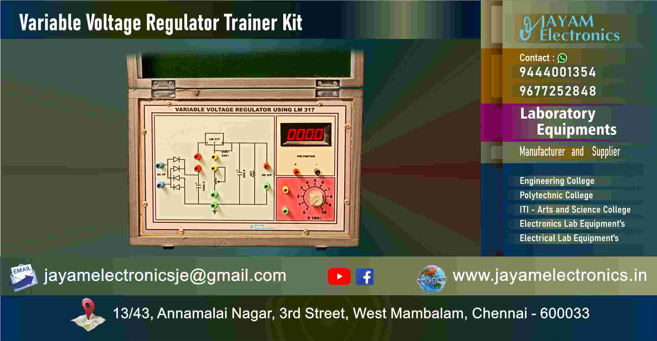 Adjustable Voltage Regulator – Circuit Diagram - Trainer kit - Manufacturer - Supplier - Chennai – Tamil Nadu – India – 9677252848 – Price Rs.15,000-00 - This price is volatile