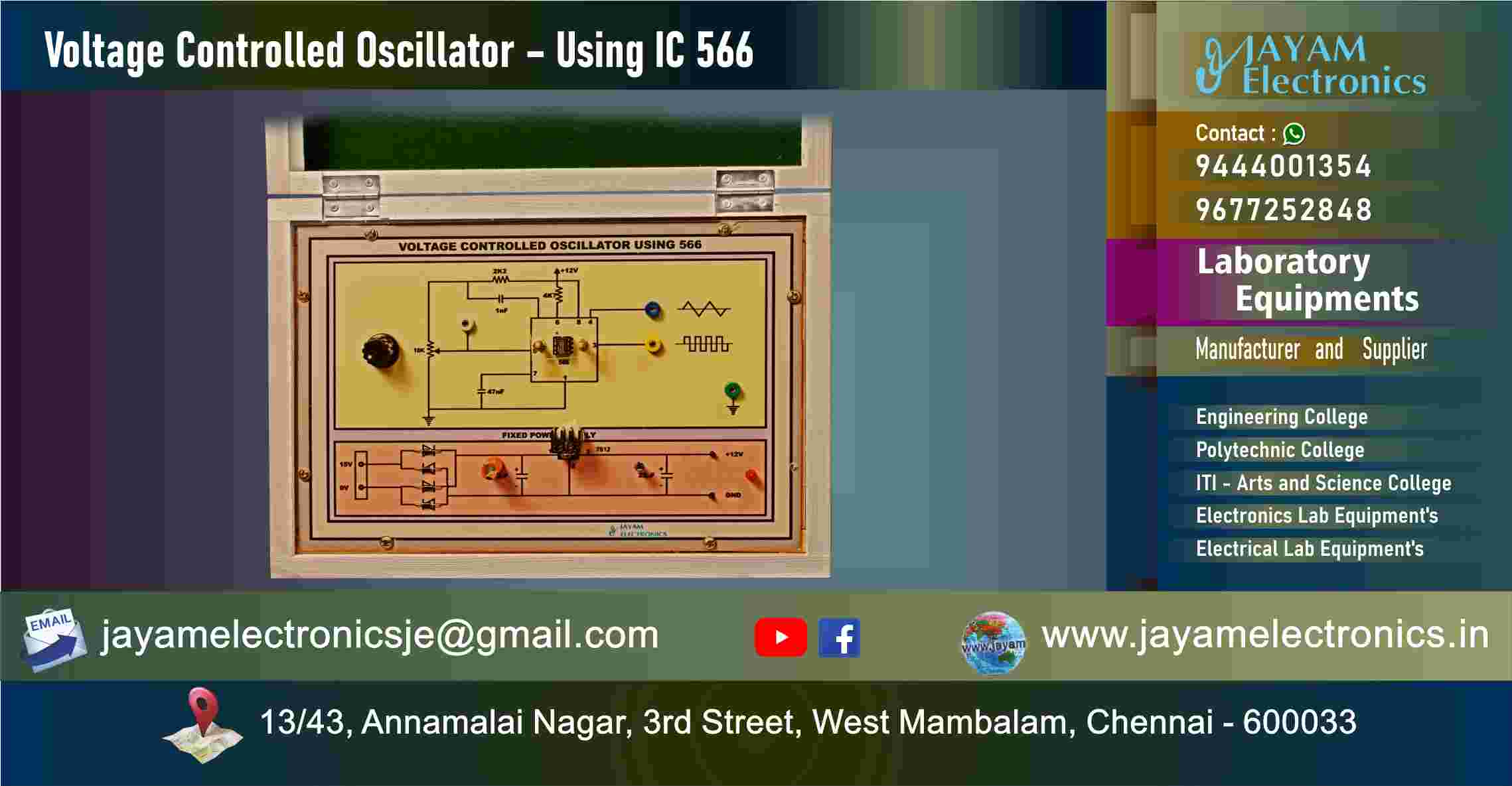 Voltage Controlled Oscillator – Using IC 566 – Circuit Diagram - Trainer kit - Manufacturer - Supplier - Chennai – Tamil Nadu – India – 9677252848 – Price Rs.15,000-00 - This price is volatile